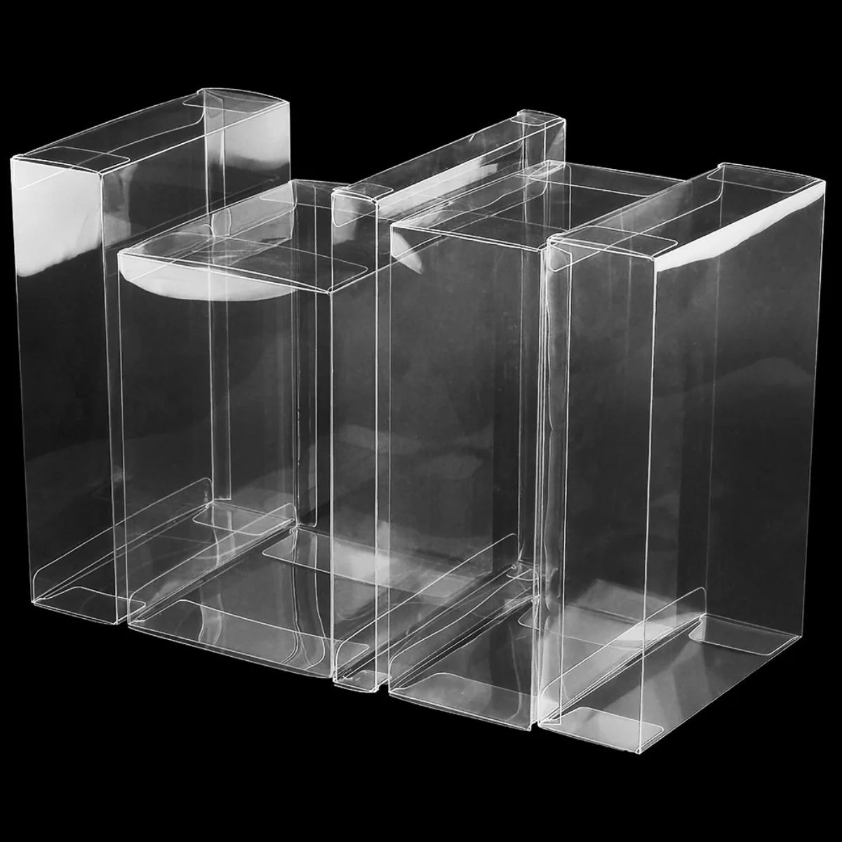 Unbranded physical rectangular clear boxes showing multiple form and closure options