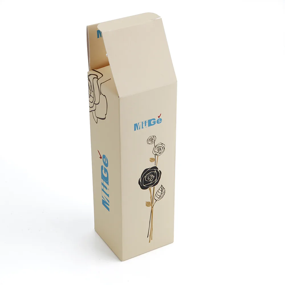 MUGE hang-tab carton shown assembled with the top closure open