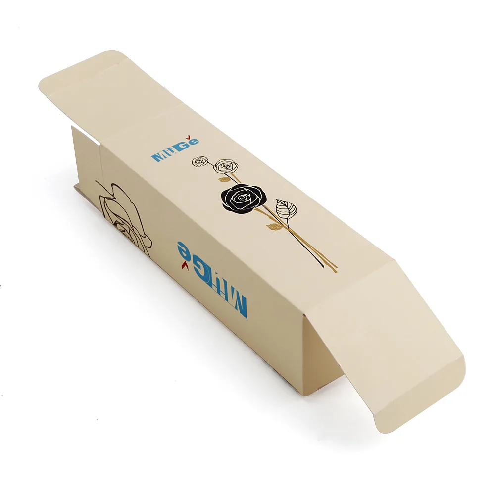 Open MUGE paperboard carton showing top flaps and folded side panels