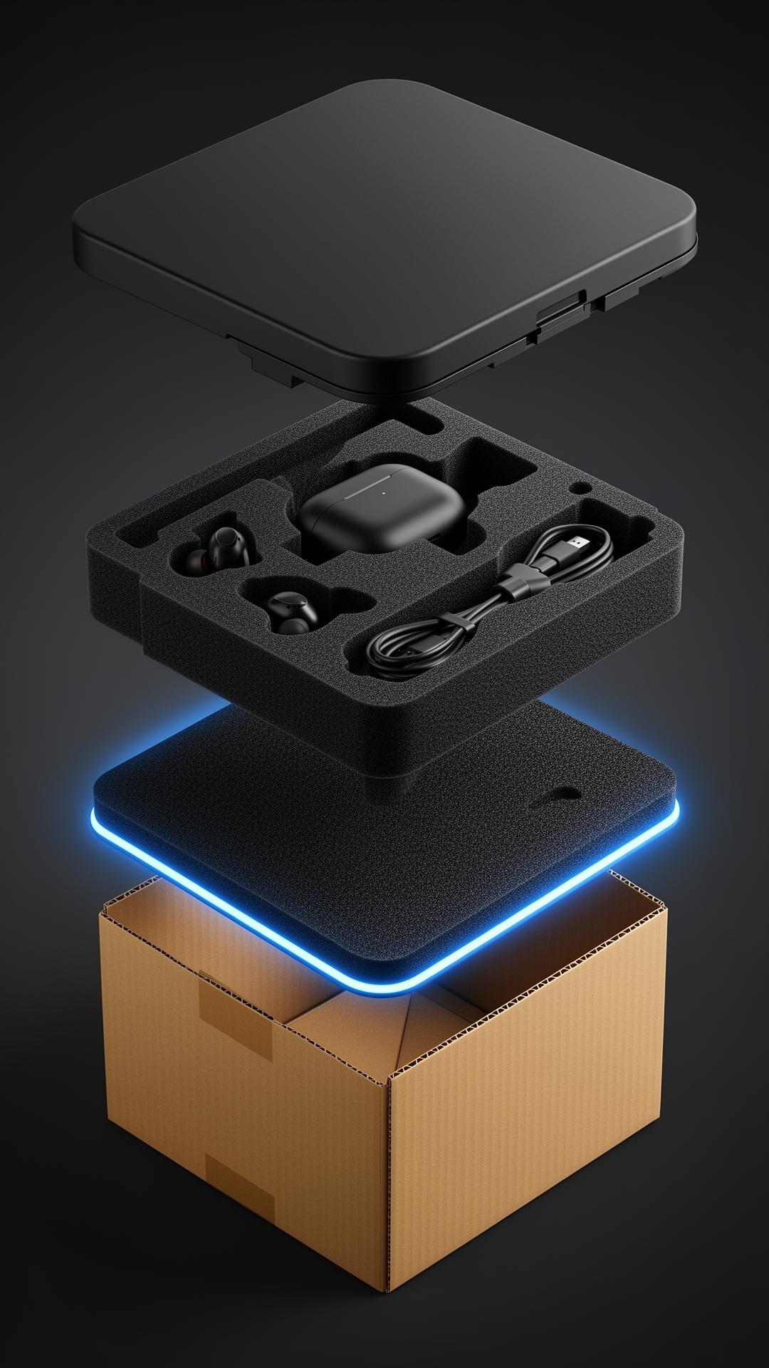 Exploded view of electronics protective packaging showing 5 construction layers