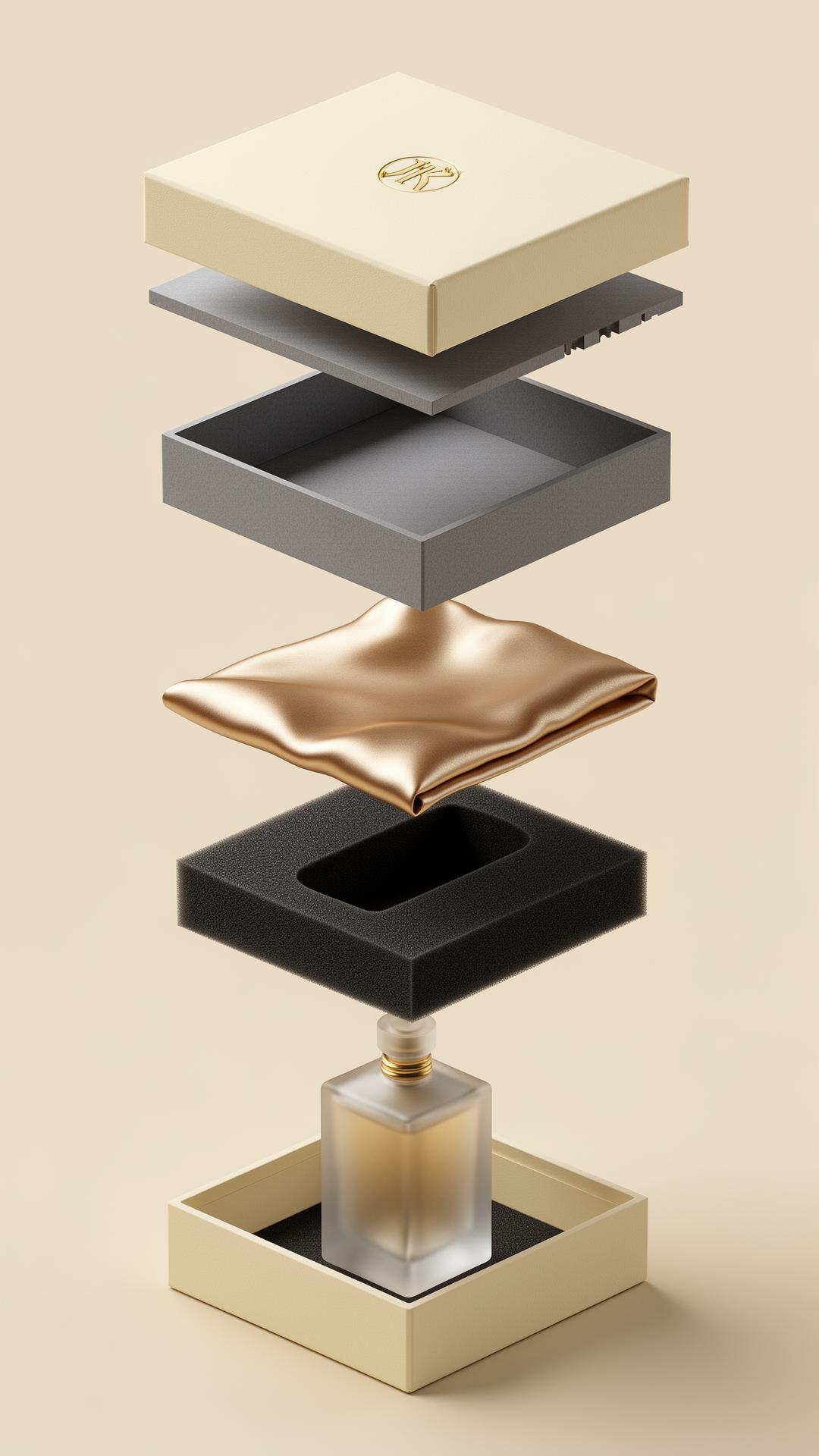 Exploded technical view of luxury rigid magnetic gift box showing 5 construction layers