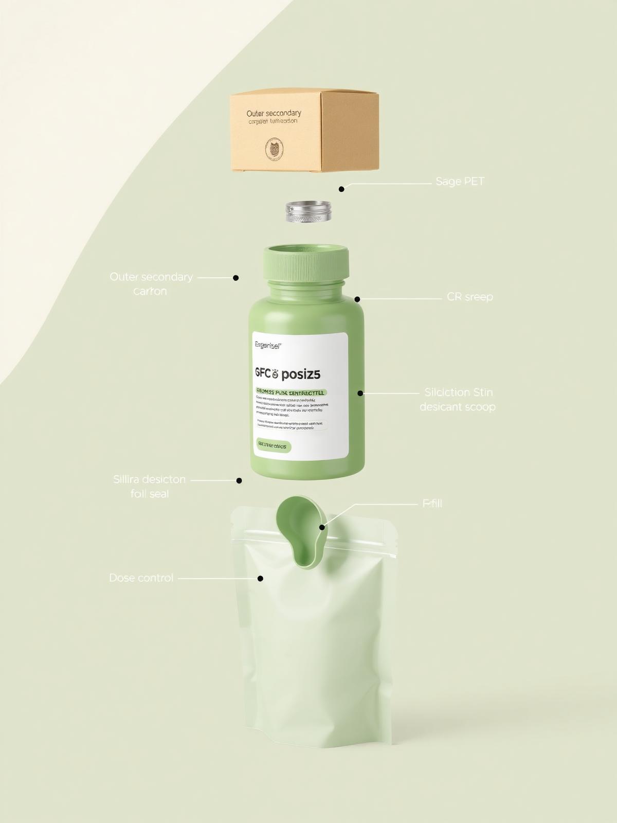 Exploded view of Wellness & Supplements packaging construction layers