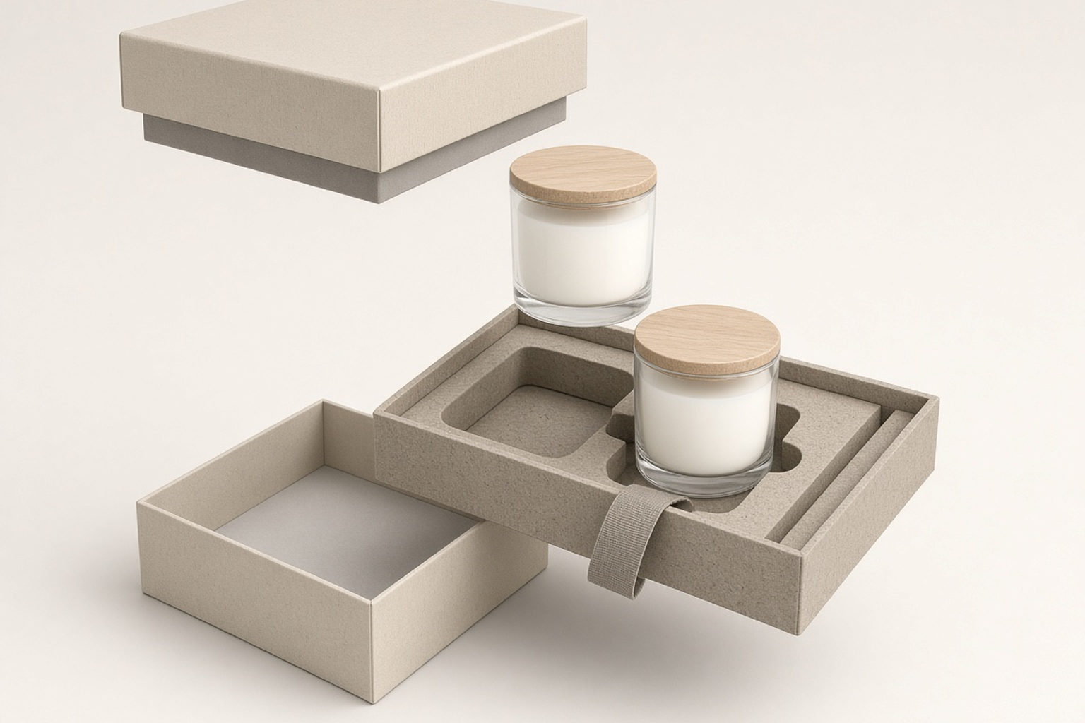 Exploded view of a candle gift box showing lid, base, cavity insert, finger notch and ribbon pull