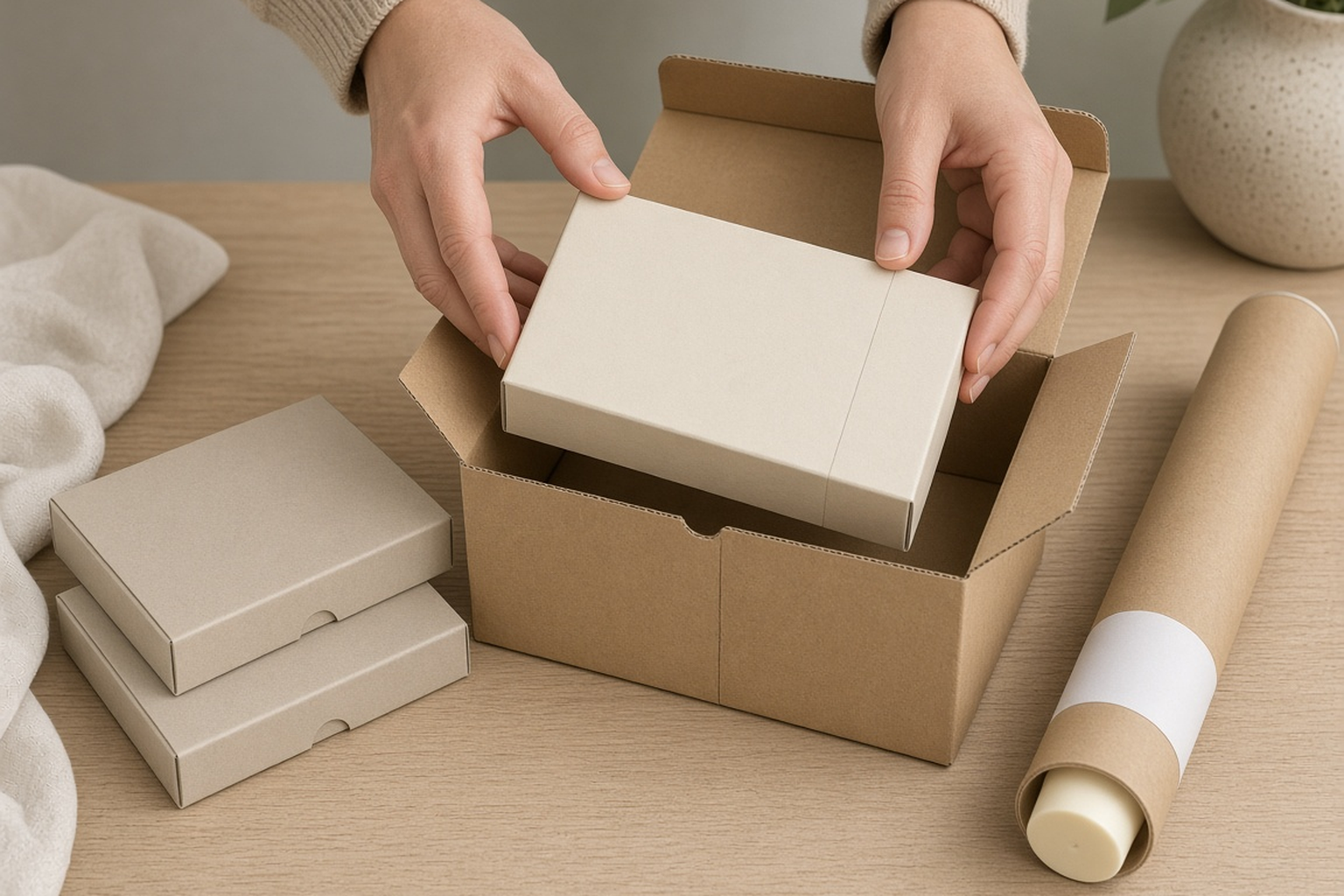 Closed candle gift box with sleeve being packed into a kraft corrugated mailer next to folding boxes and a paper tube