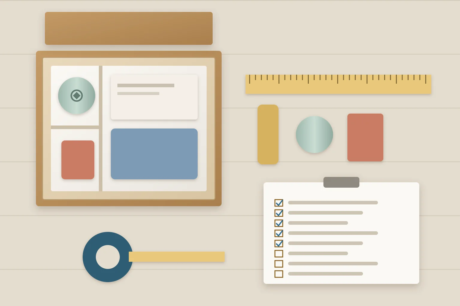 Concept of a first-sample review: an open mailer box packed with a divided insert and kit items, loose items laid against a ruler and a tape measure, and a printed specification checklist