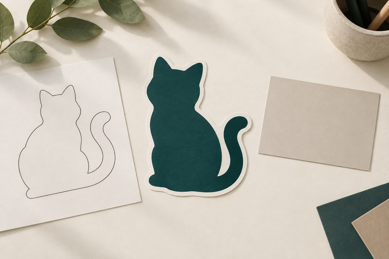 Unbranded die-cut sticker shape concept beside a matching outline sheet and blank placement card