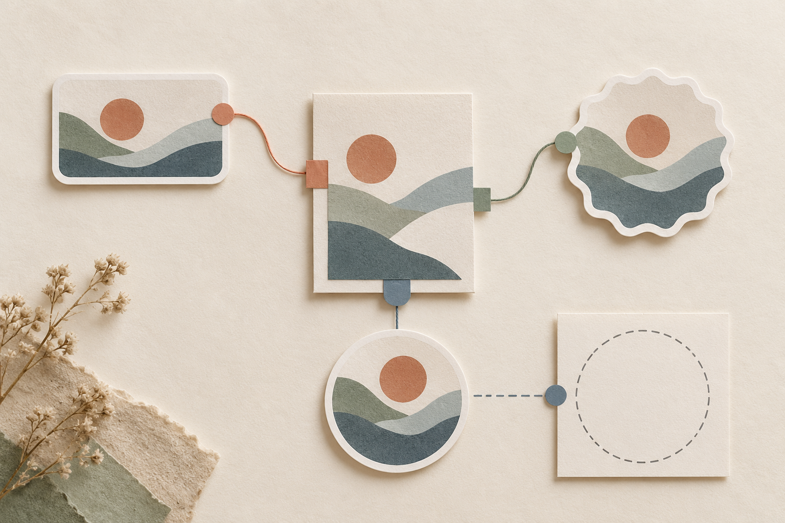 Concept collage showing shared and separate artwork and outline references across hypothetical sticker shapes