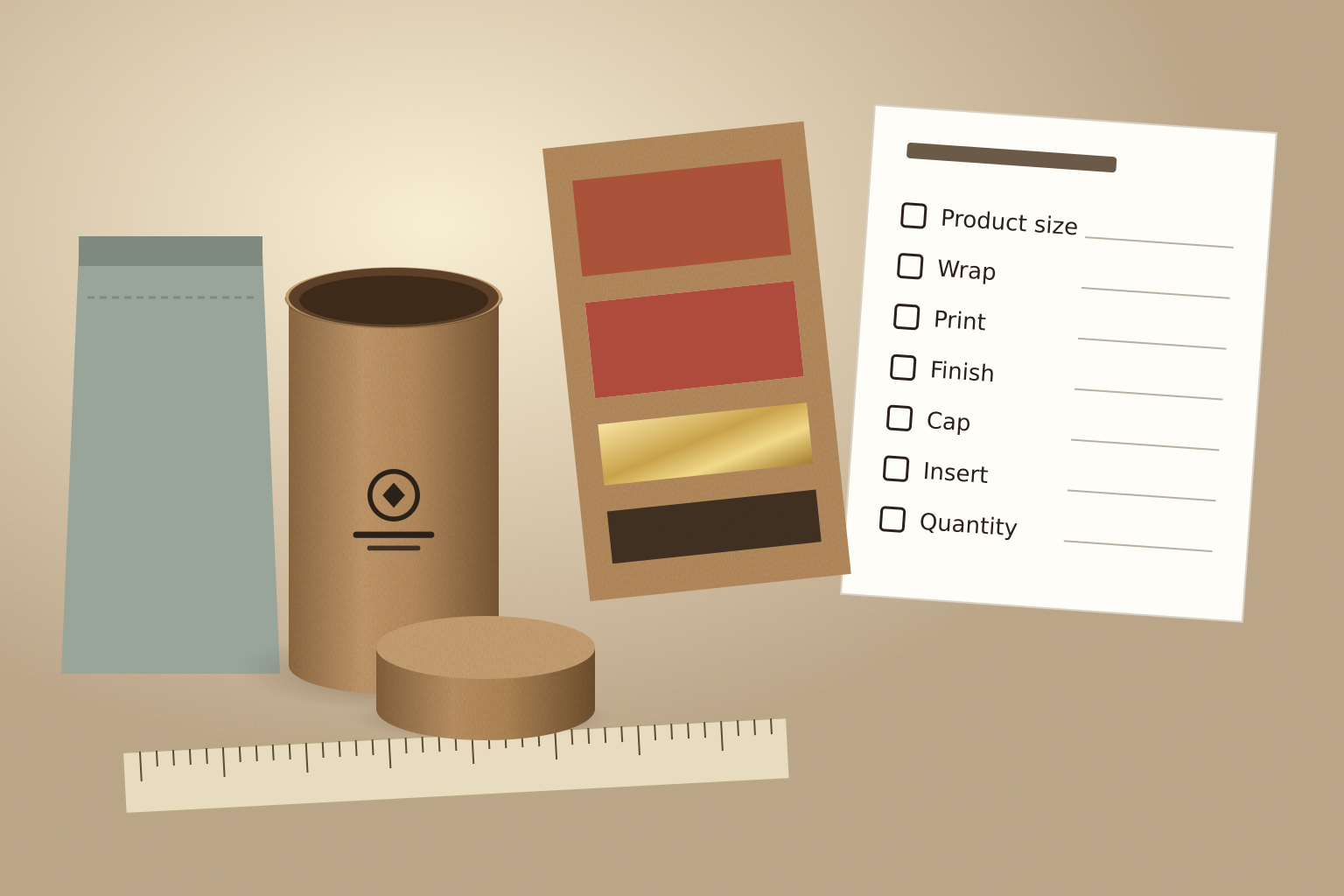 Concept of a buyer reviewing a kraft paper tube sample against a colour drawdown, cap and body shade match and a printed specification checklist
