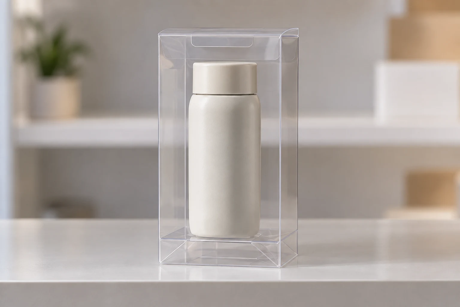 MUGE design-direction concept of a generic unbranded item inside a clear PET lock-bottom display box