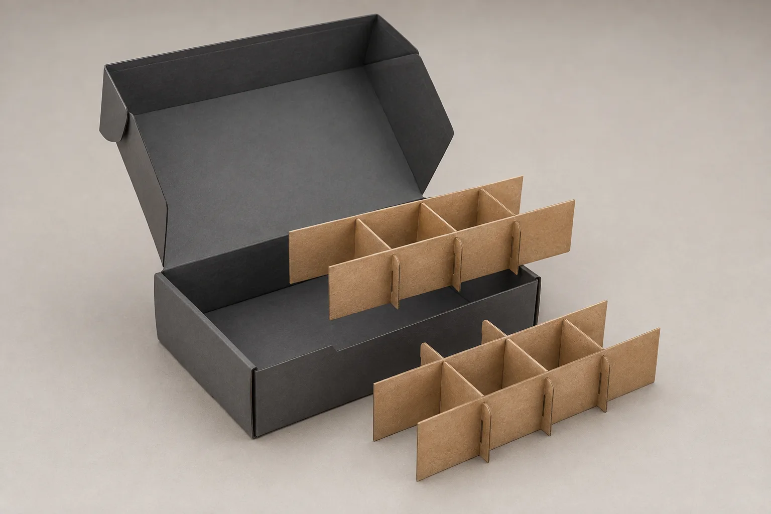 MUGE design-direction concept showing separate slotted kraft paperboard panels beside a collapsible rigid box shell