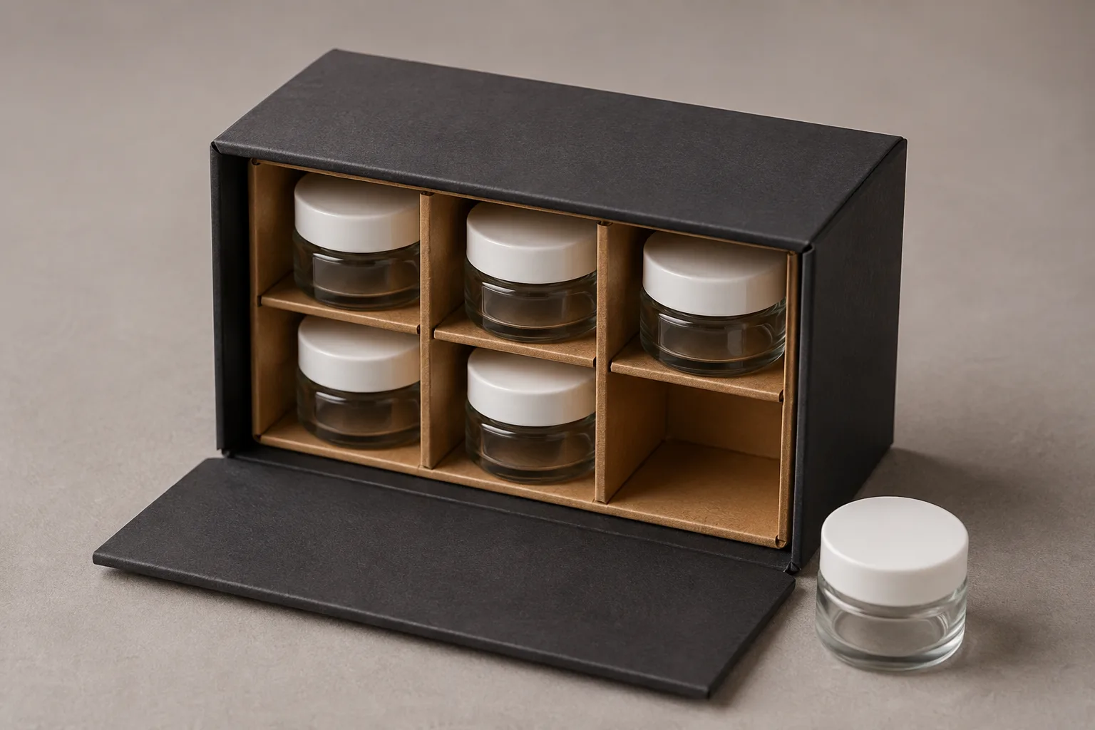MUGE design-direction concept of generic unbranded jars in a removable six-compartment grid inside a collapsible rigid gift box
