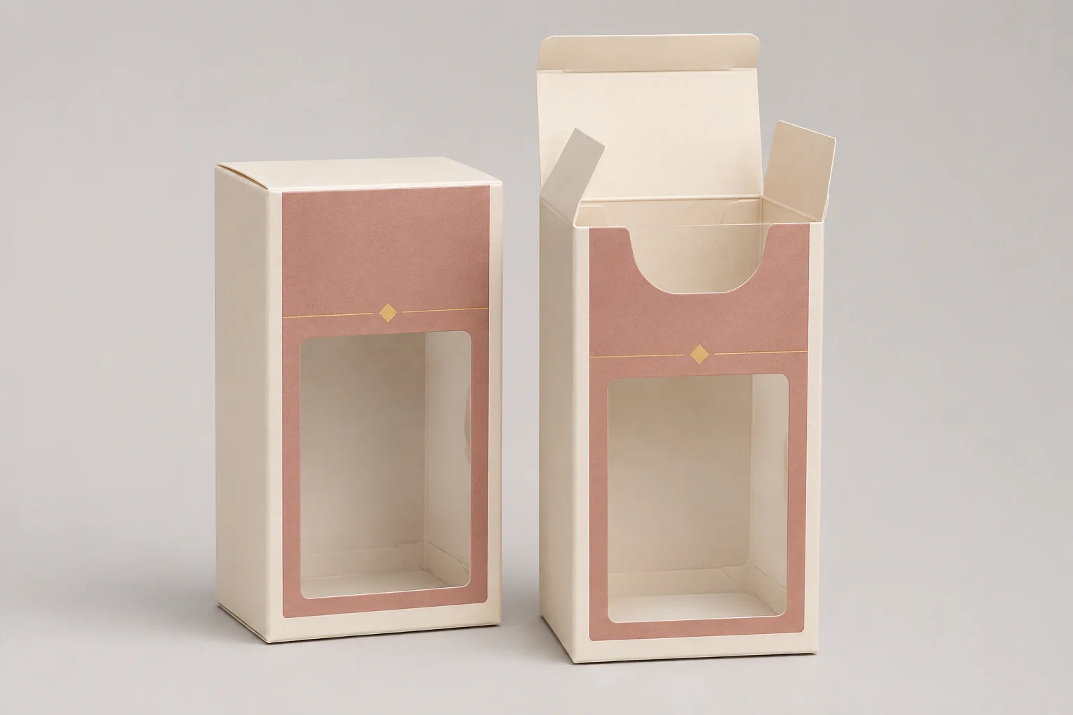 MUGE design-direction concept of cosmetic folding cartons with transparent display window patches