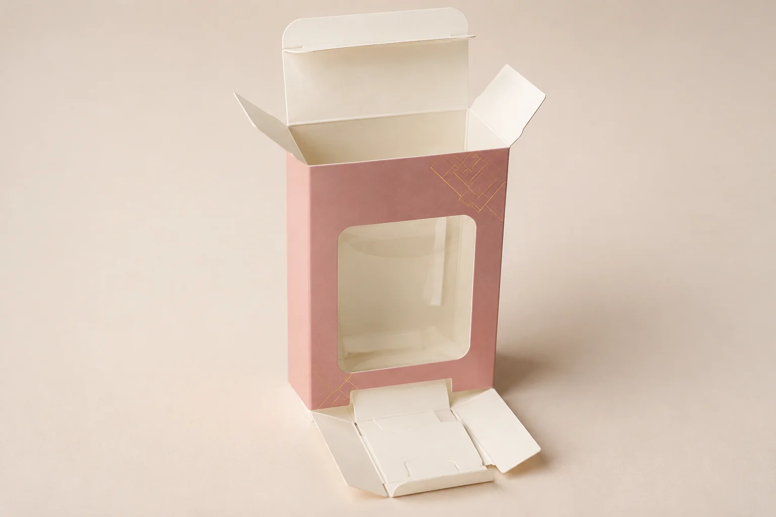 MUGE concept showing tuck flaps, folded base and a clear window patch behind a die-cut carton opening
