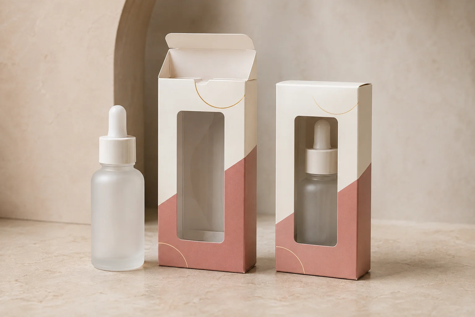 MUGE concept of an unbranded frosted cosmetic bottle beside and inside a folding carton with a clear window patch