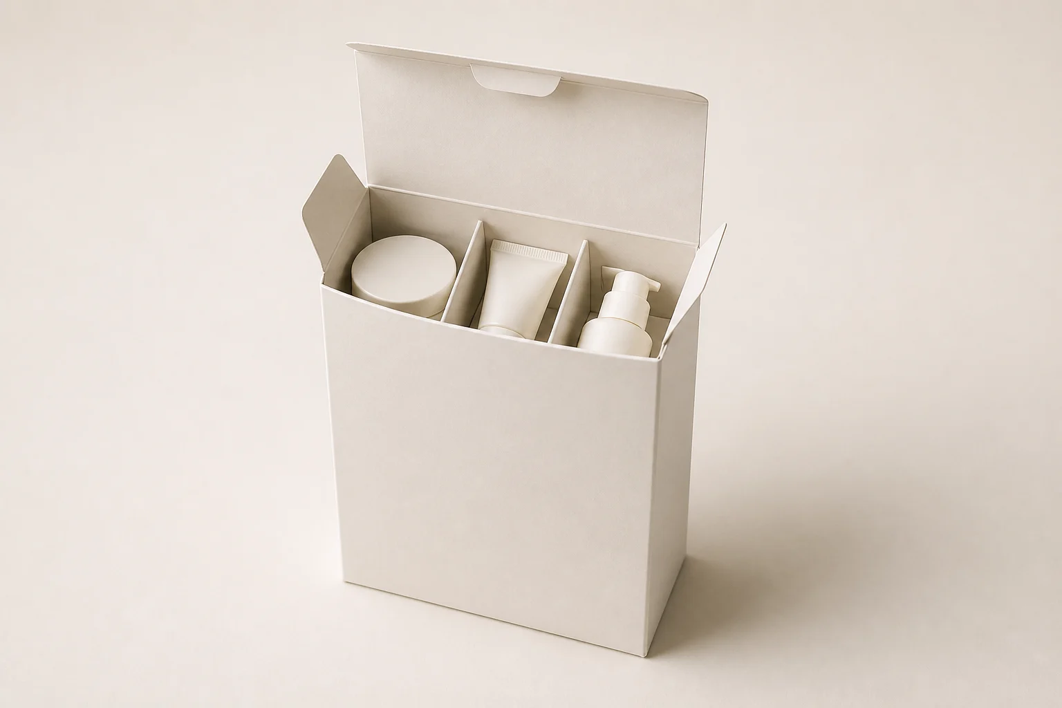 MUGE design-direction concept of an upright cream cosmetic folding carton with a paperboard partition insert and generic unbranded containers