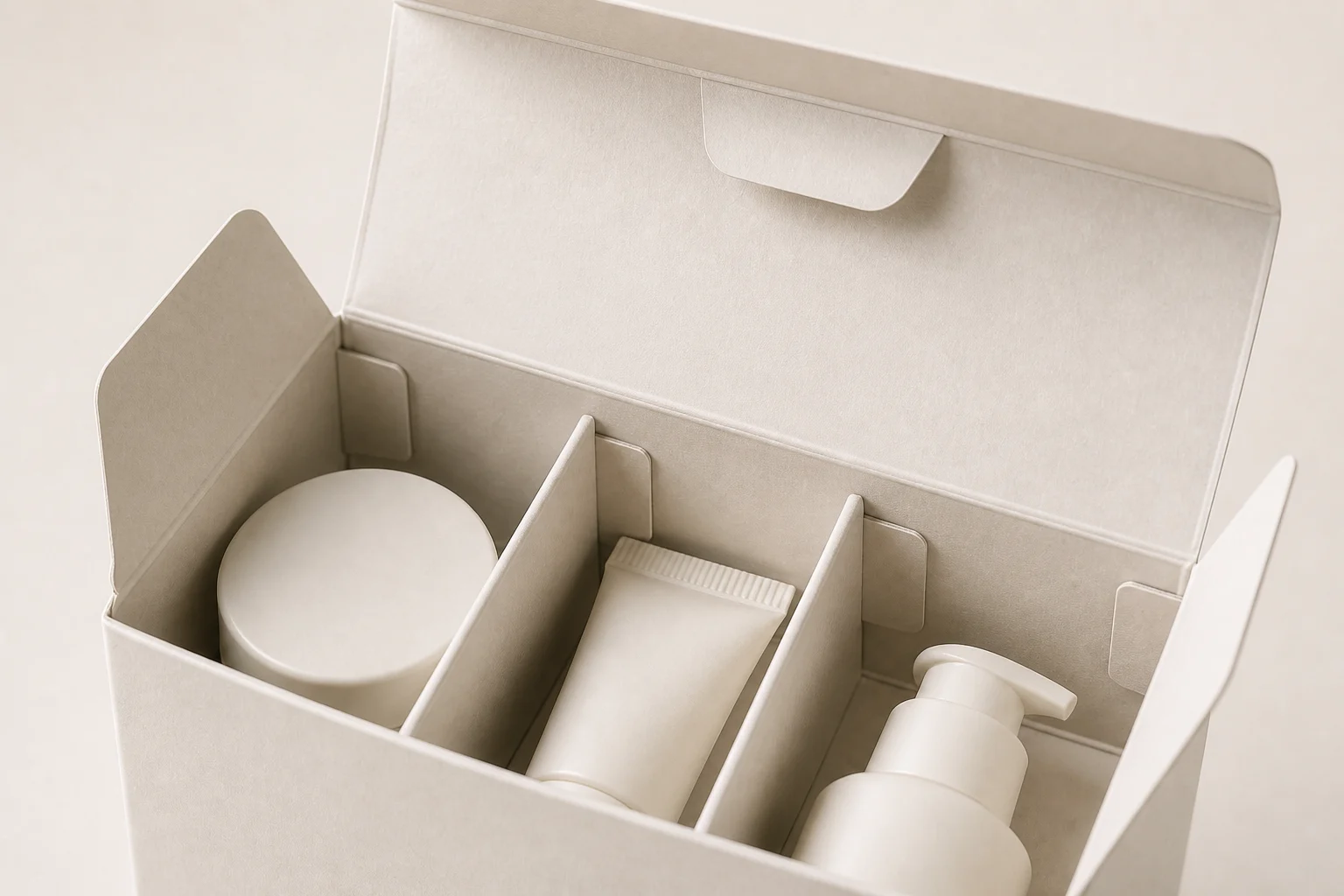 Close-up MUGE concept showing folded paperboard partition cells inside an upright cosmetic carton