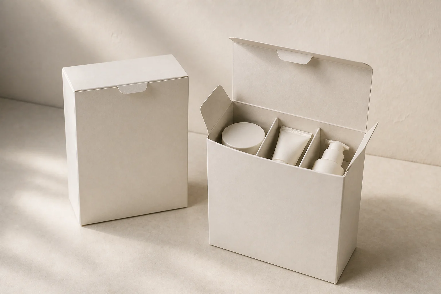 MUGE concept showing generic unbranded cosmetic containers beside a cream paper carton with a partition insert