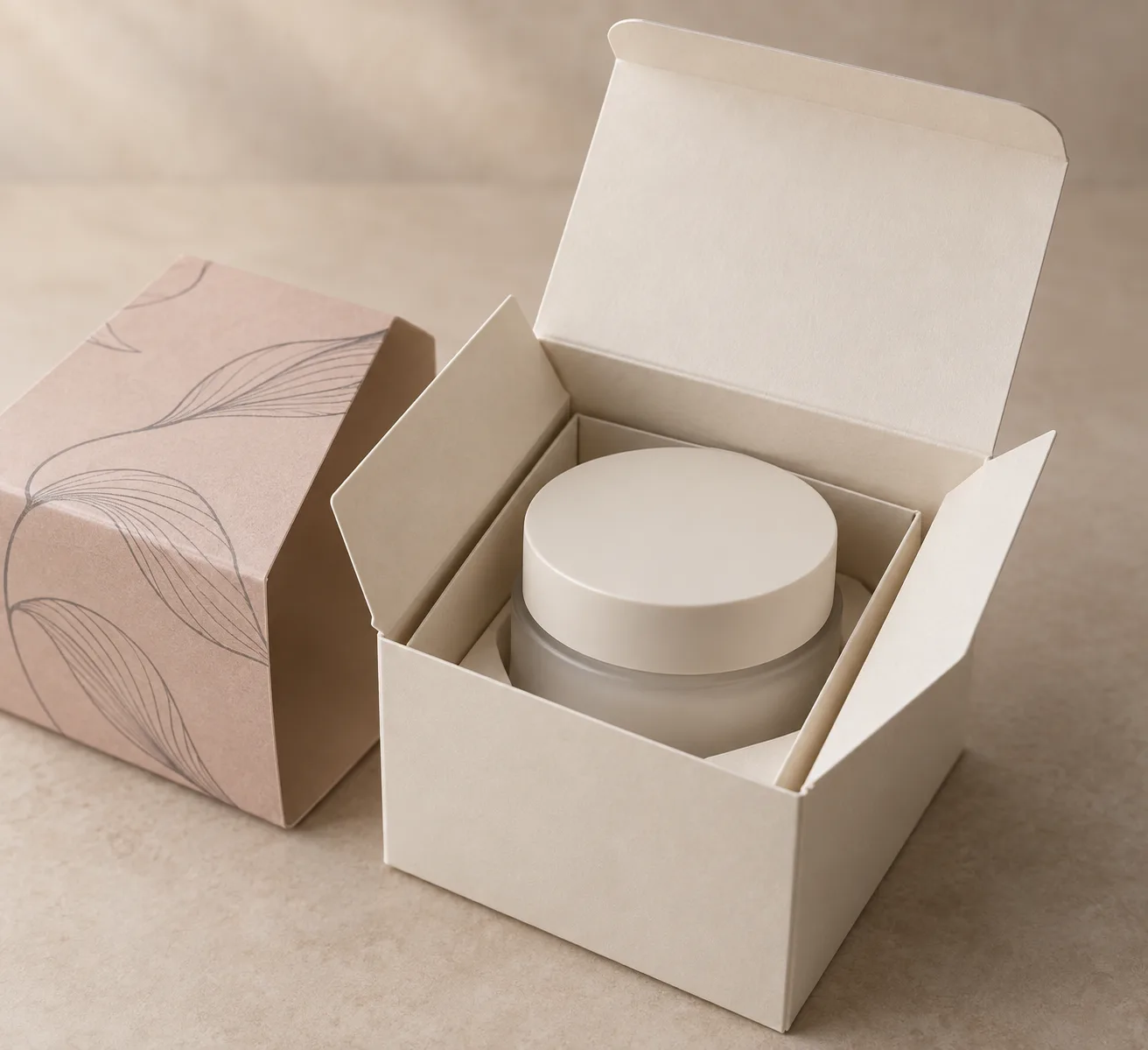 MUGE design-direction concept showing a generic cosmetic jar inside an open paperboard folding carton beside a printed paper sleeve