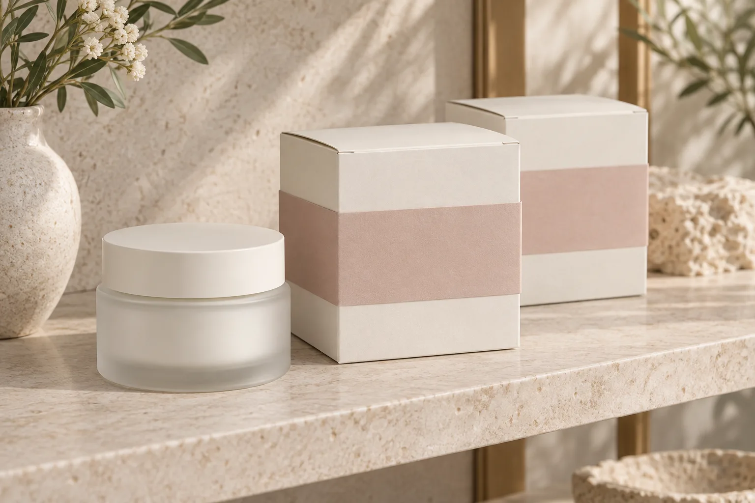 MUGE design-direction concept of generic unbranded cosmetic jars beside ivory folding cartons with muted-blush paper sleeves