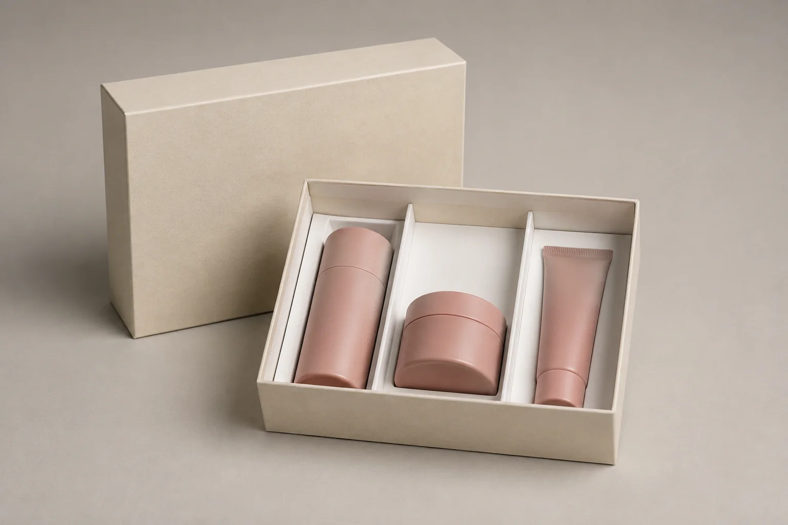 MUGE design-direction concept of an open light-sand cosmetic set box with three paperboard compartments and unbranded containers