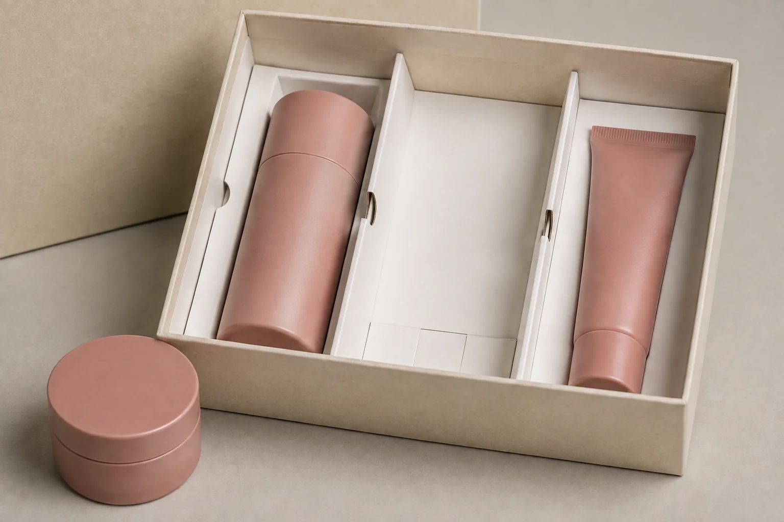 Close-up MUGE concept showing folded-paperboard partition walls and an empty center compartment in a cosmetic set box