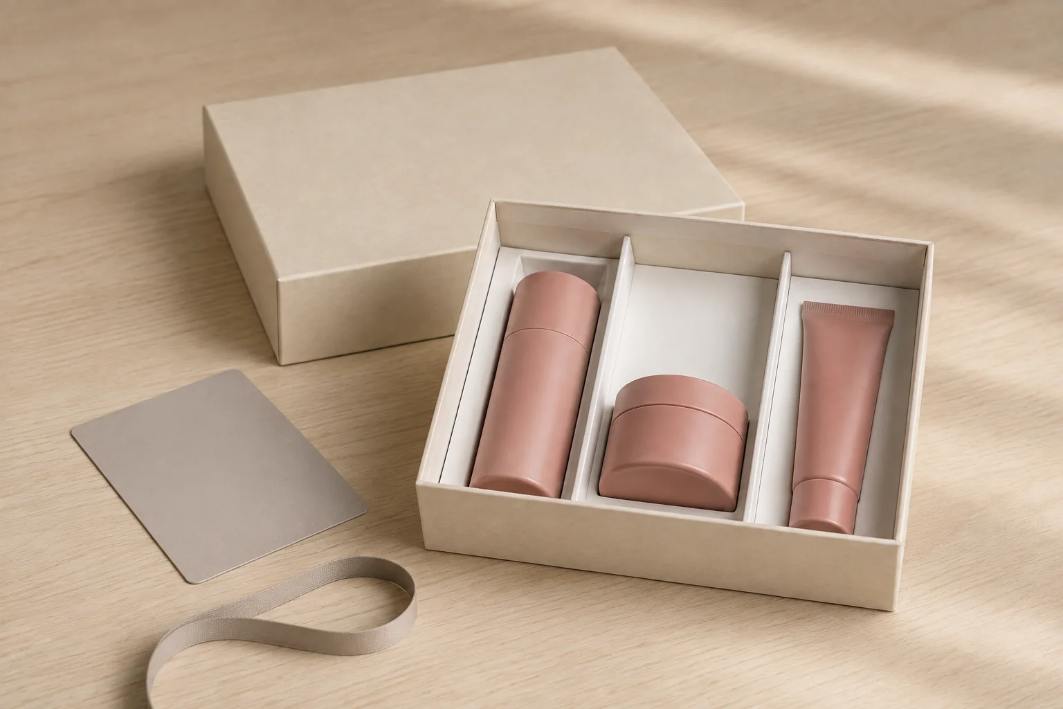 MUGE design-direction concept of an unbranded cosmetic set box with paperboard partitions on a packaging review table