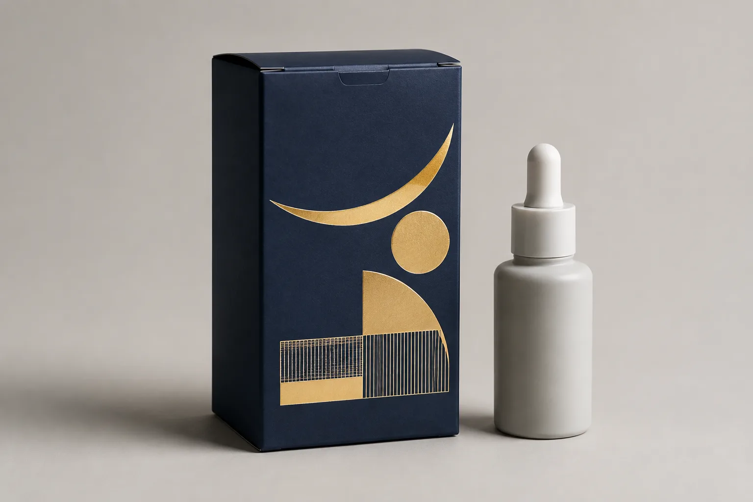 MUGE design-direction concept of a navy retail folding carton with blank gold foil geometric panels