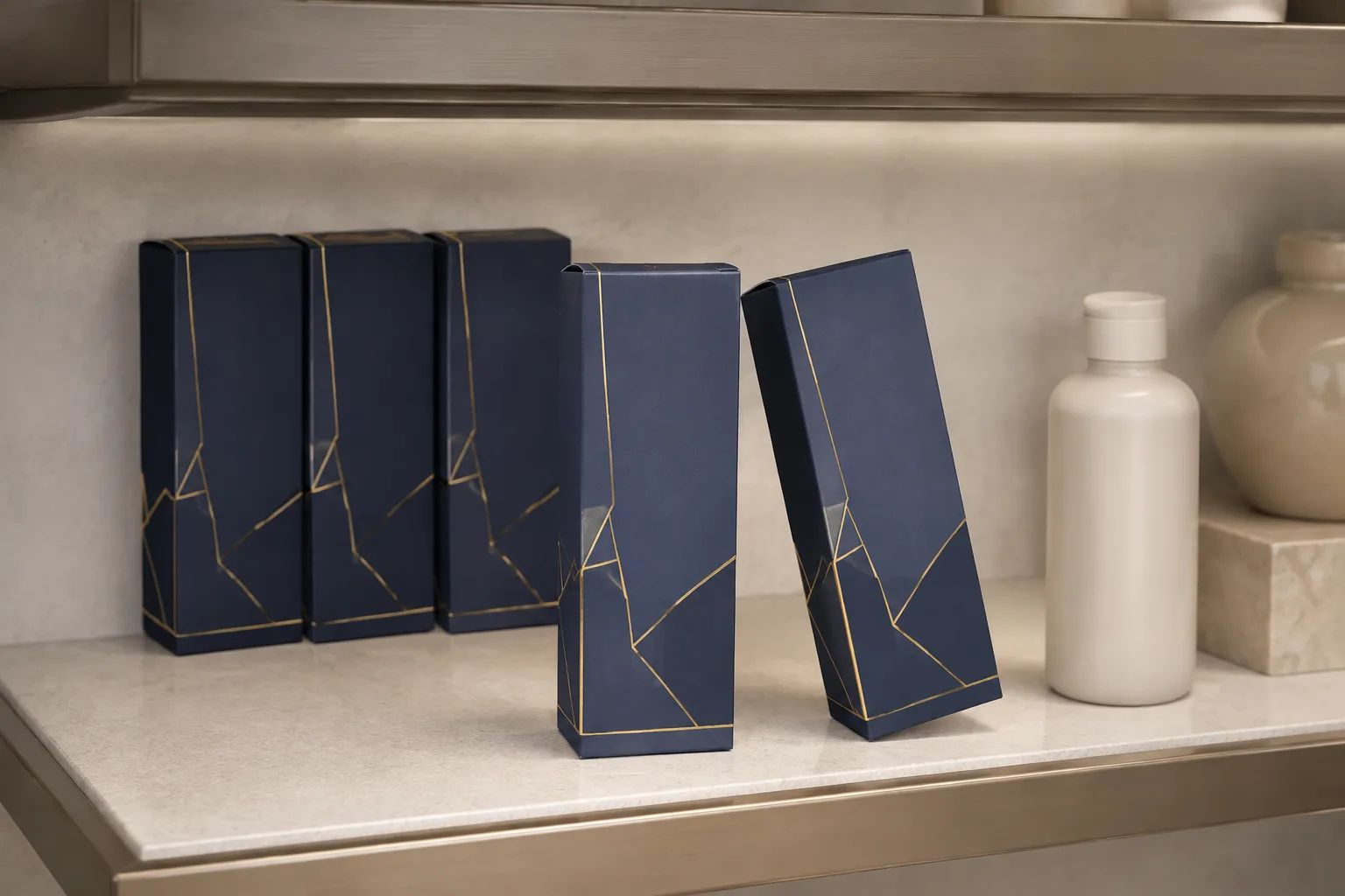 MUGE design-direction concept of navy folding cartons with blank gold foil geometry on a neutral retail shelf