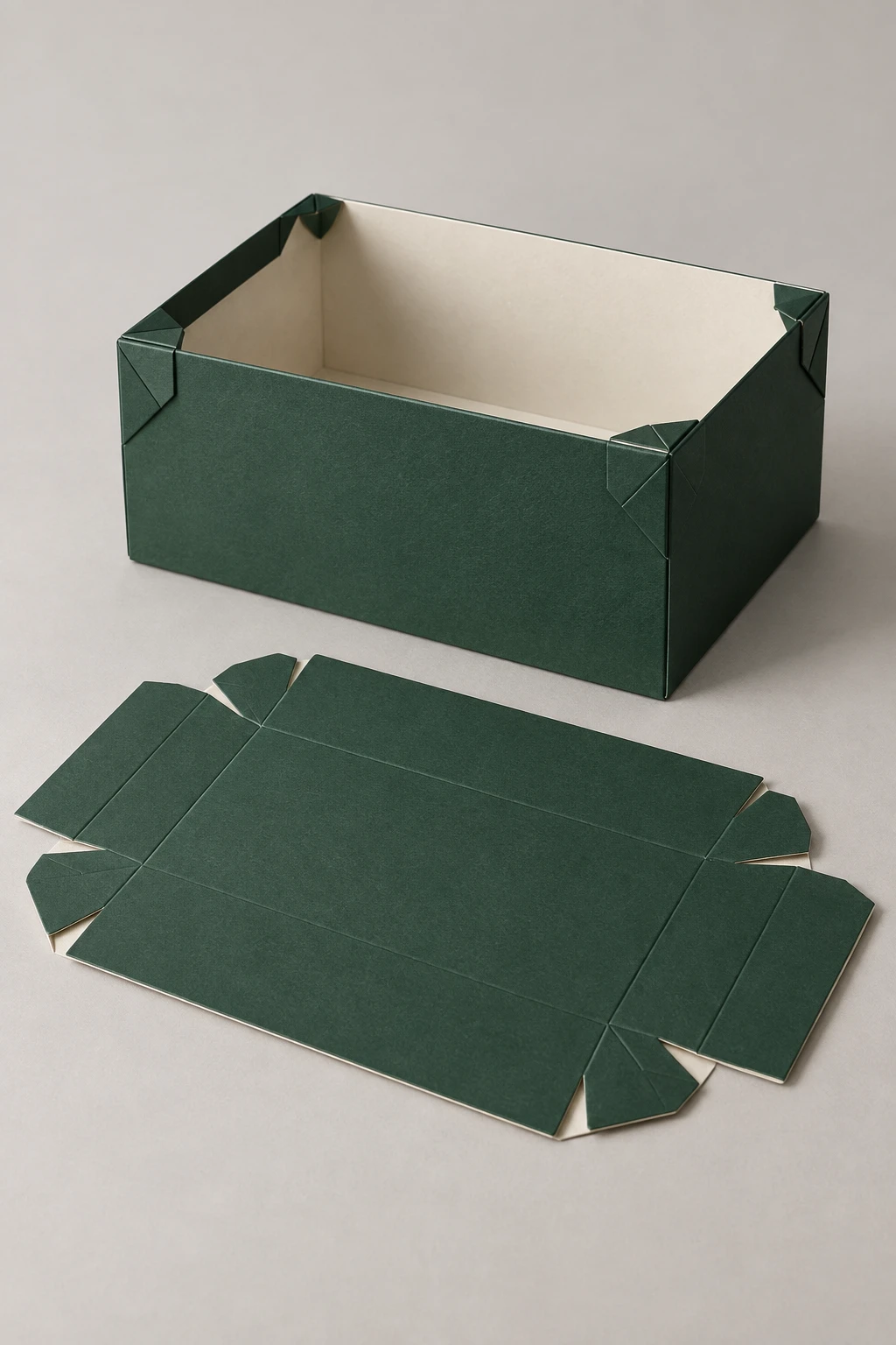 MUGE design-direction concept of a deep green foldable gift box with visible paperboard corner locks and a flat blank