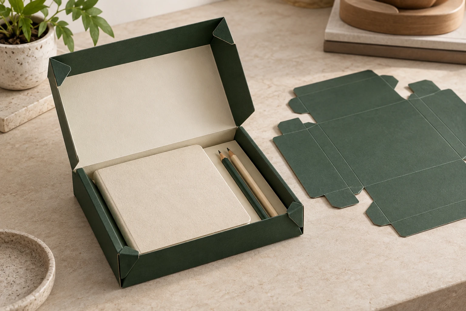 MUGE design-direction concept of a deep green foldable gift box with paperboard corner locks holding unbranded stationery