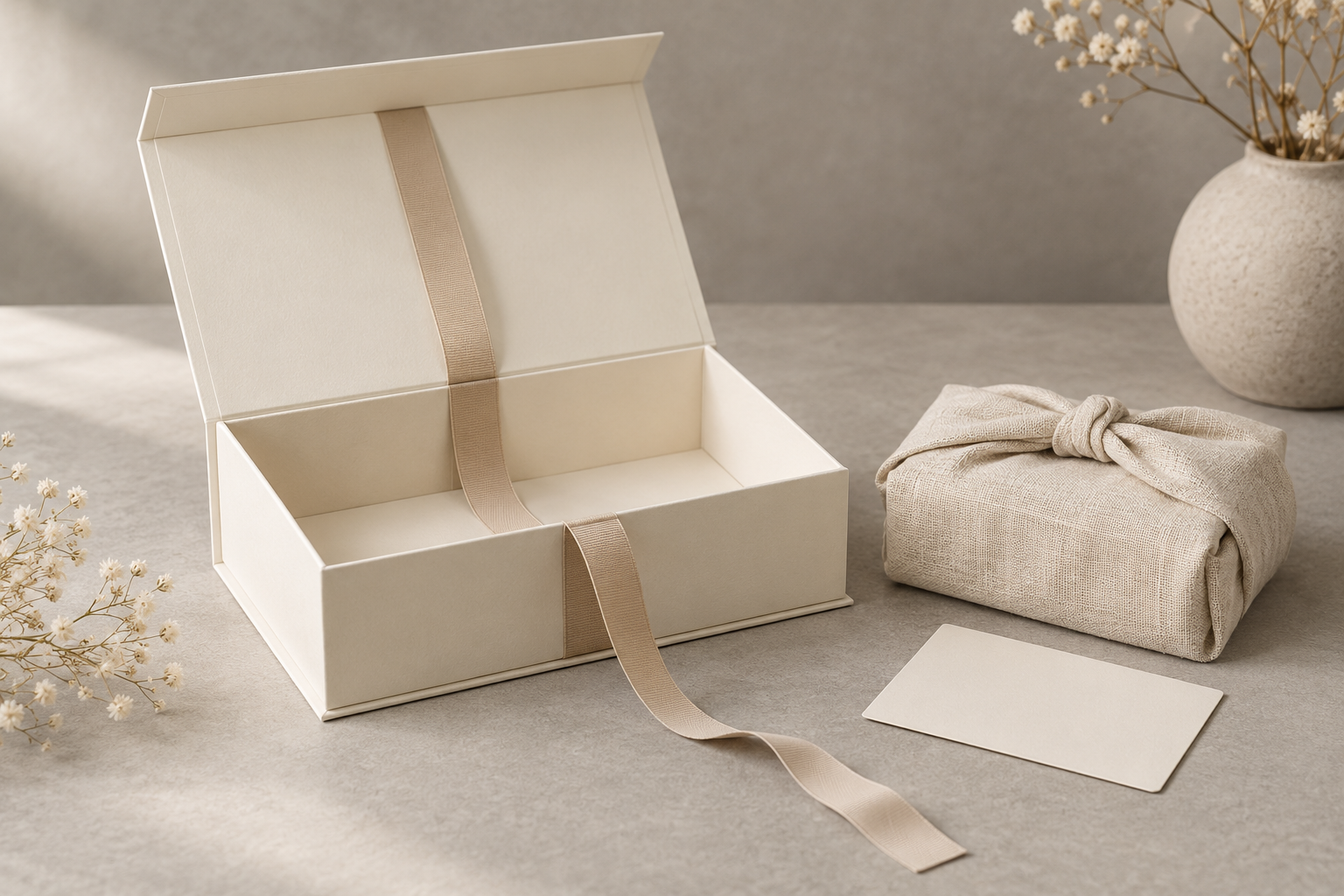 MUGE design-direction concept of an unbranded ivory foldable gift box beside generic gift-wrap and a blank card