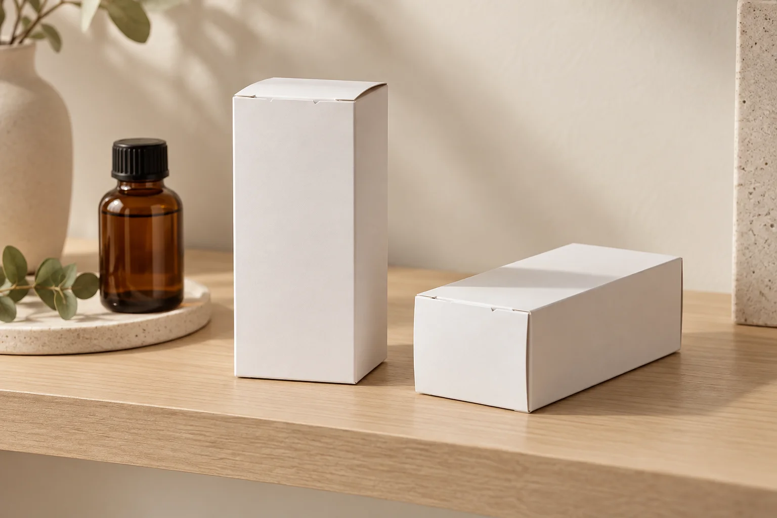 MUGE design-direction scene with unbranded tuck-end folding cartons beside a generic amber bottle