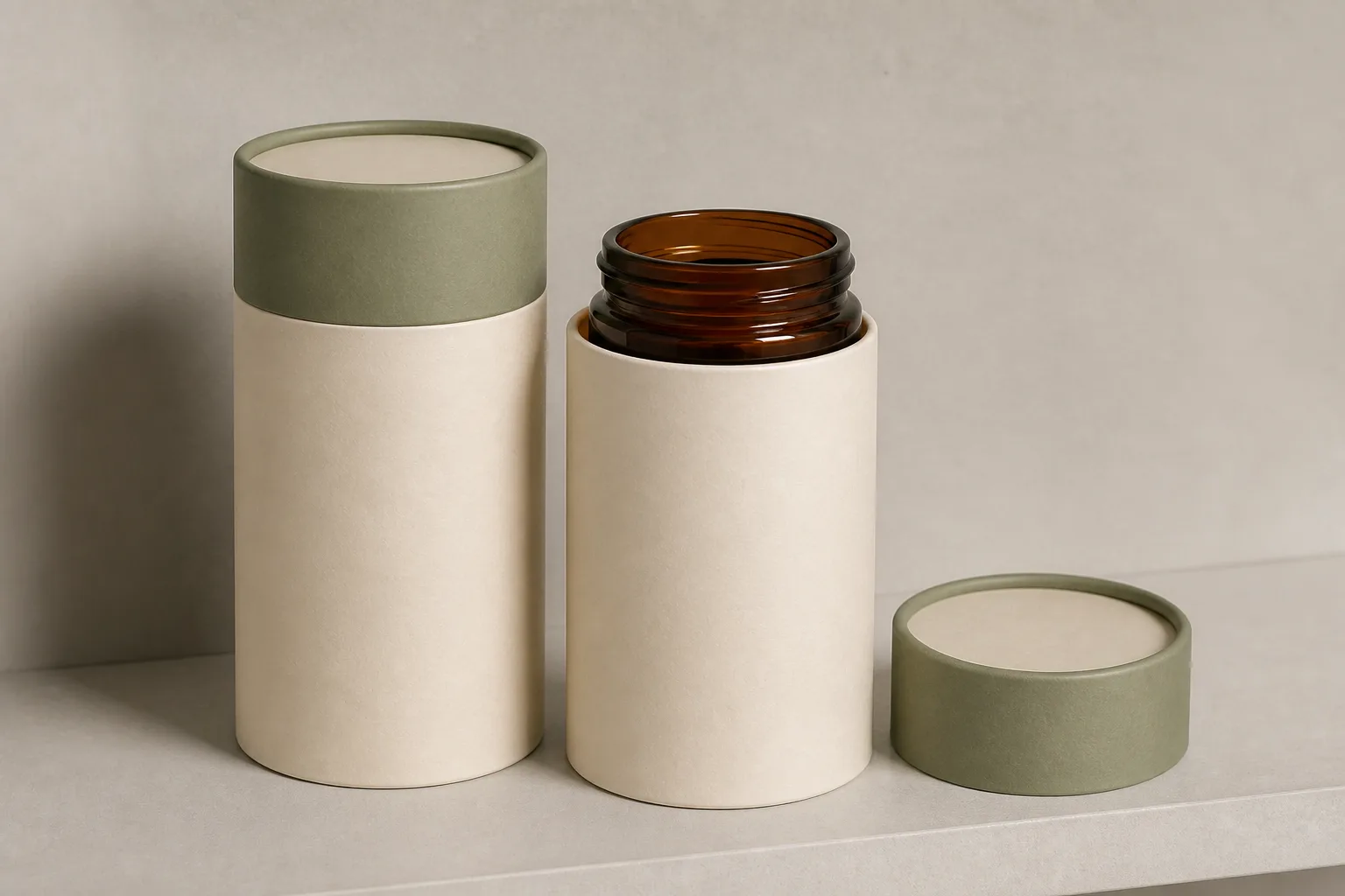 MUGE concept showing a generic unbranded amber jar illustratively fitted in an open paper canister