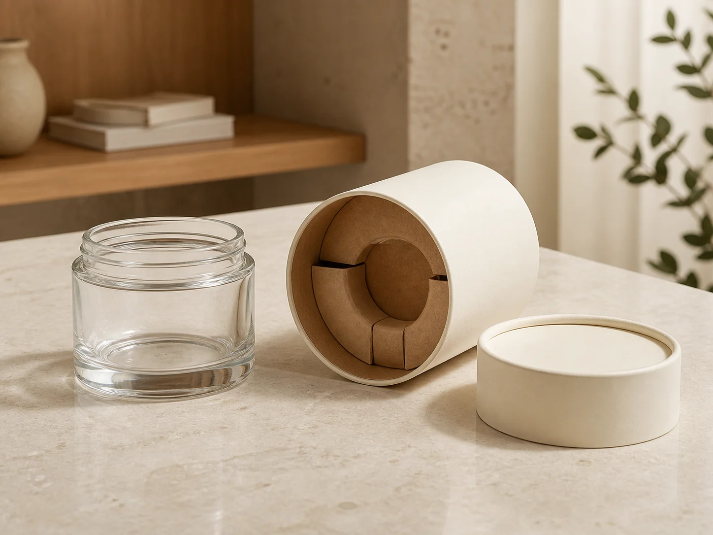 MUGE design-direction concept showing a generic unbranded glass jar beside an open paper tube with a paperboard end support