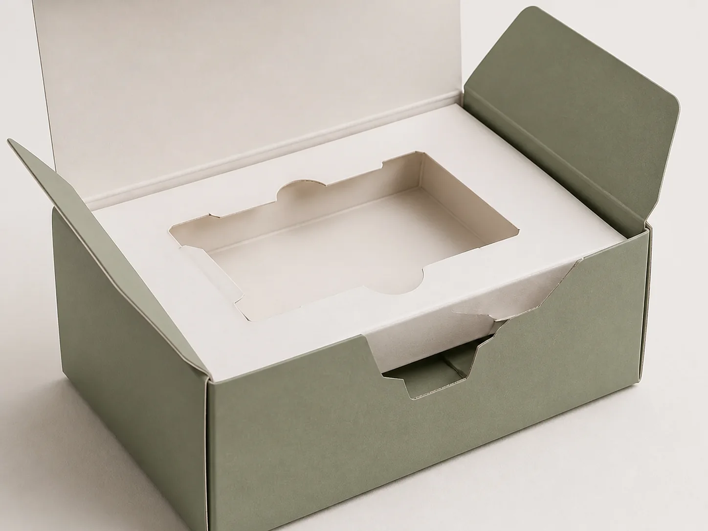 Close-up MUGE design-direction concept showing the folded-paperboard insert cavity, board edges and front locking tab