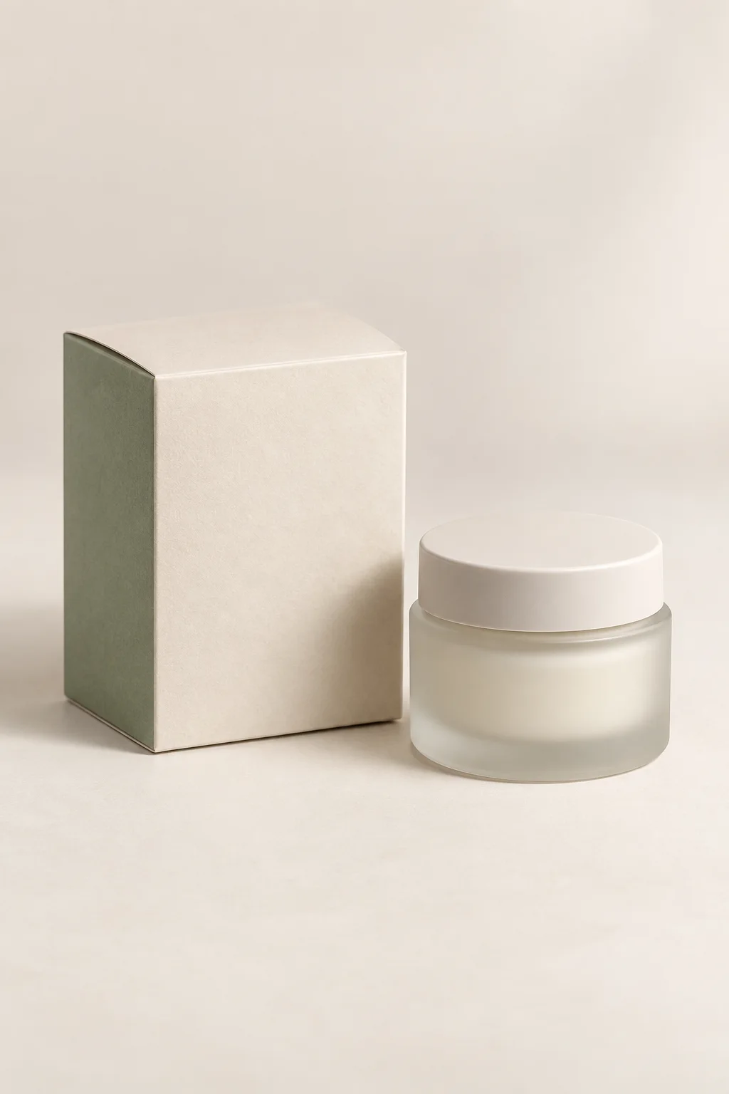 MUGE design-direction concept of an ivory folding carton beside a generic unbranded frosted cream jar