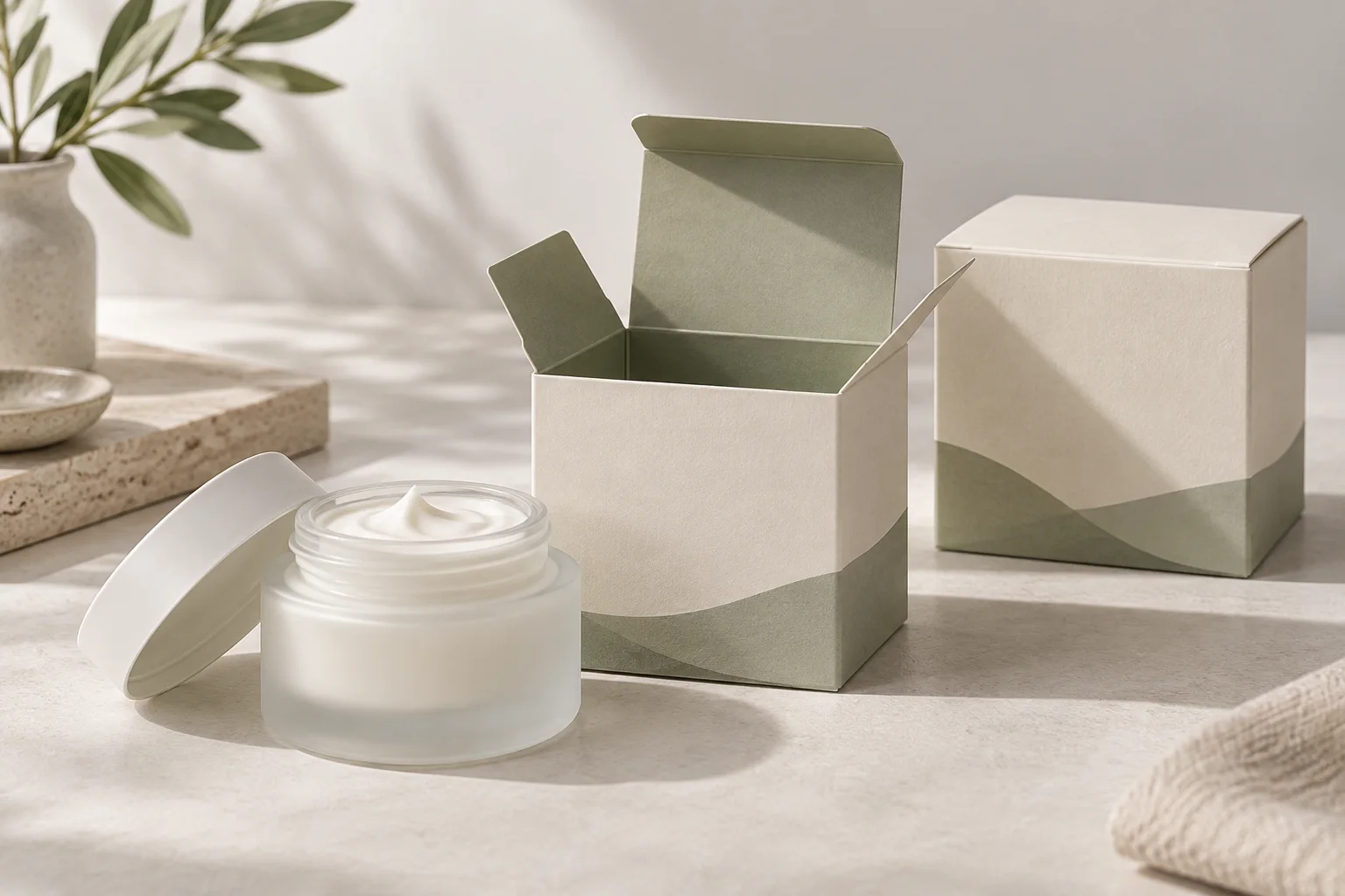 MUGE design-direction concept of a generic unbranded cream jar with open and closed ivory folding cartons