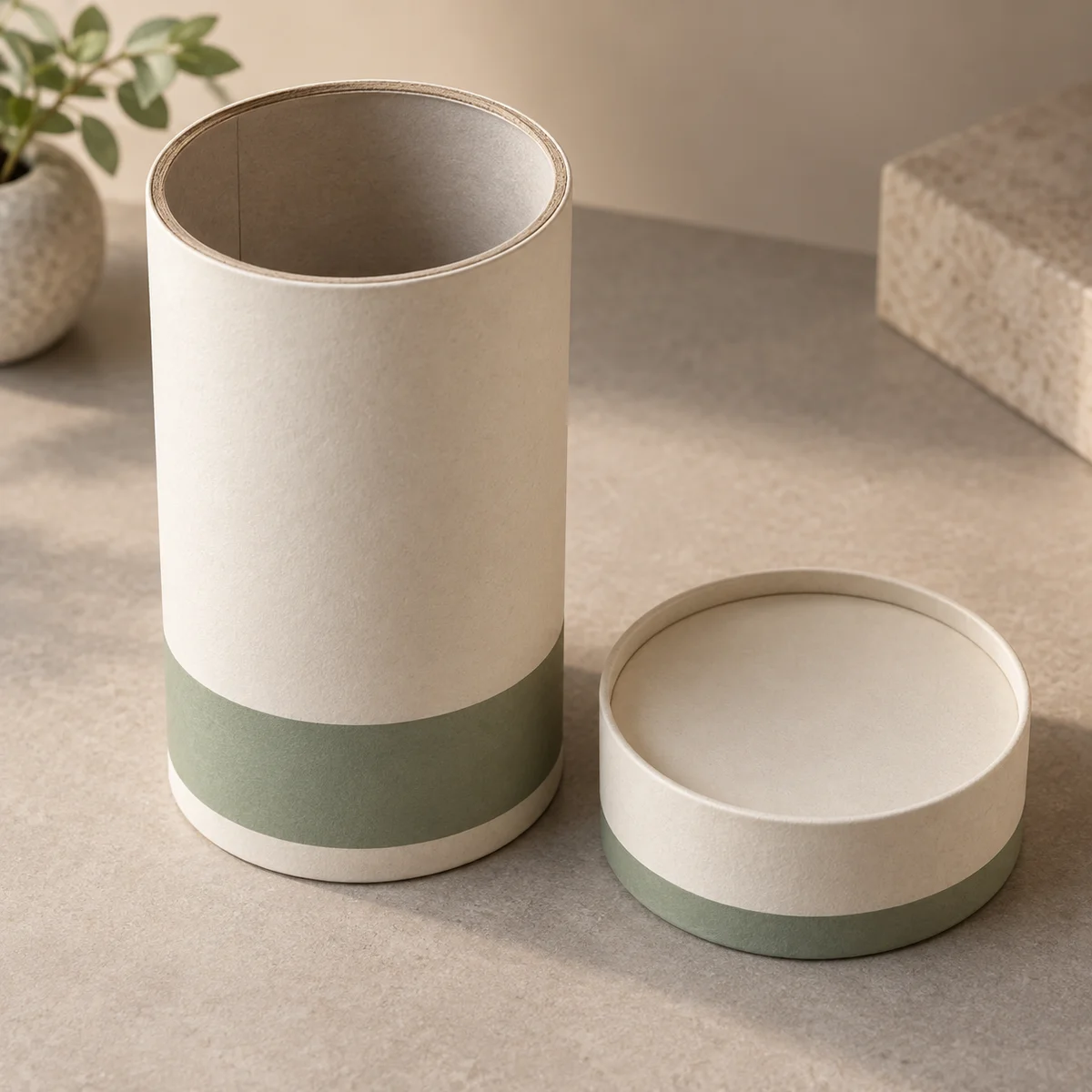 Concept B: open paperboard tube and separate shallow lid resting on a surface