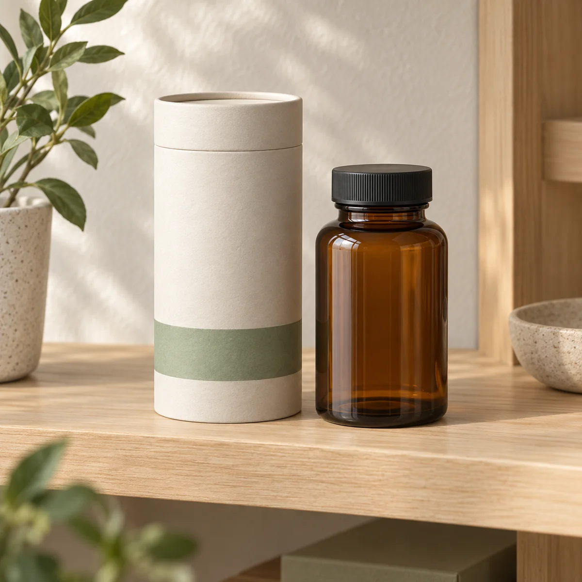 Concept C: paperboard secondary packaging tube beside one unbranded capped amber bottle