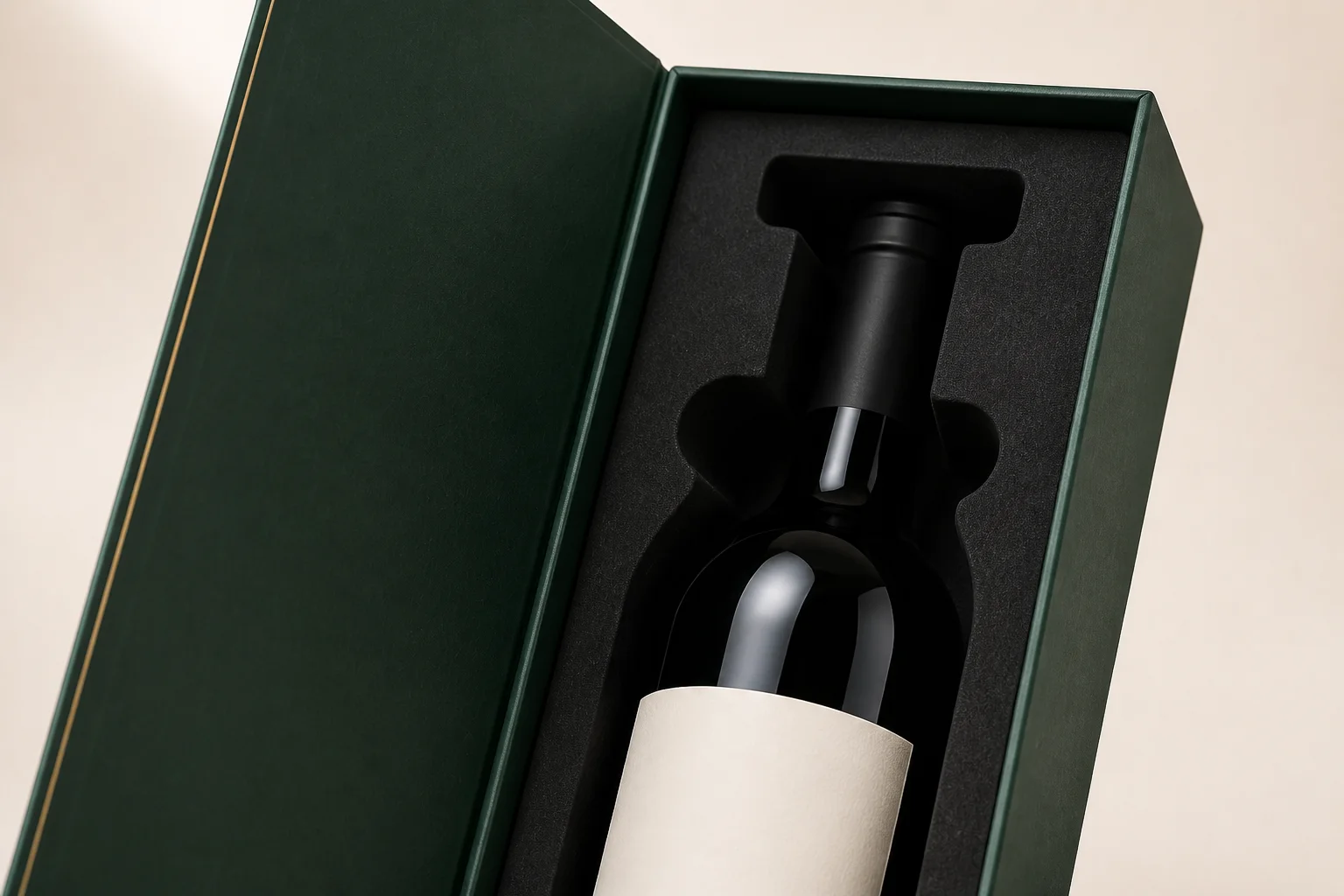 Concept close-up of the bottle neck, shoulder openings and insert in a rigid box