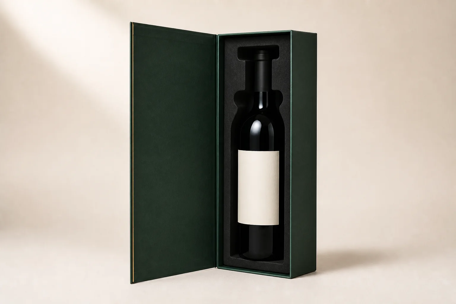 Forest-green rigid wine bottle box opened to show a blank-label bottle and fitted insert