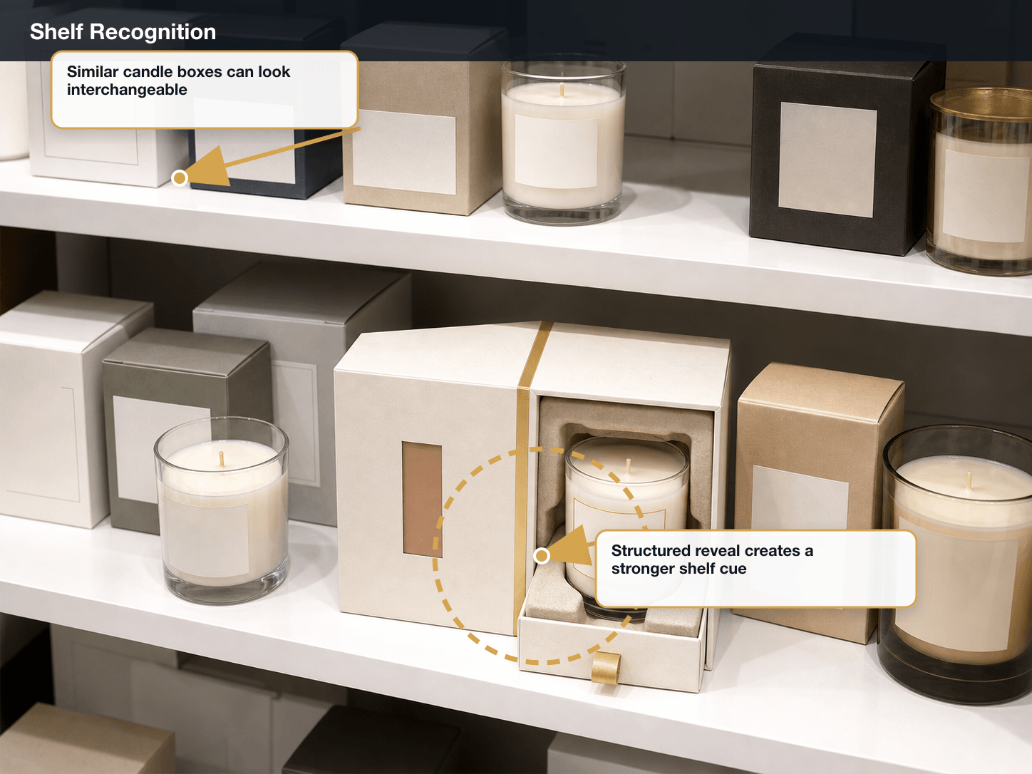 Premium Candles Retail shelf contrast annotated A+ content image