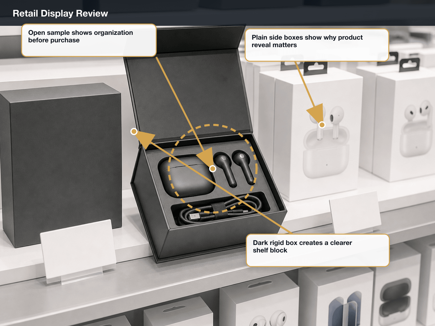 Bluetooth Earbuds Retail display review annotated A+ content image