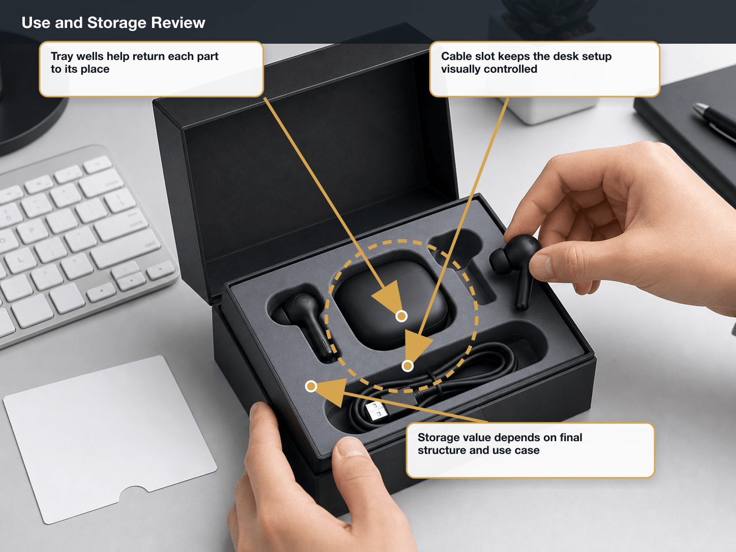 Bluetooth Earbuds Use and storage review annotated A+ content image