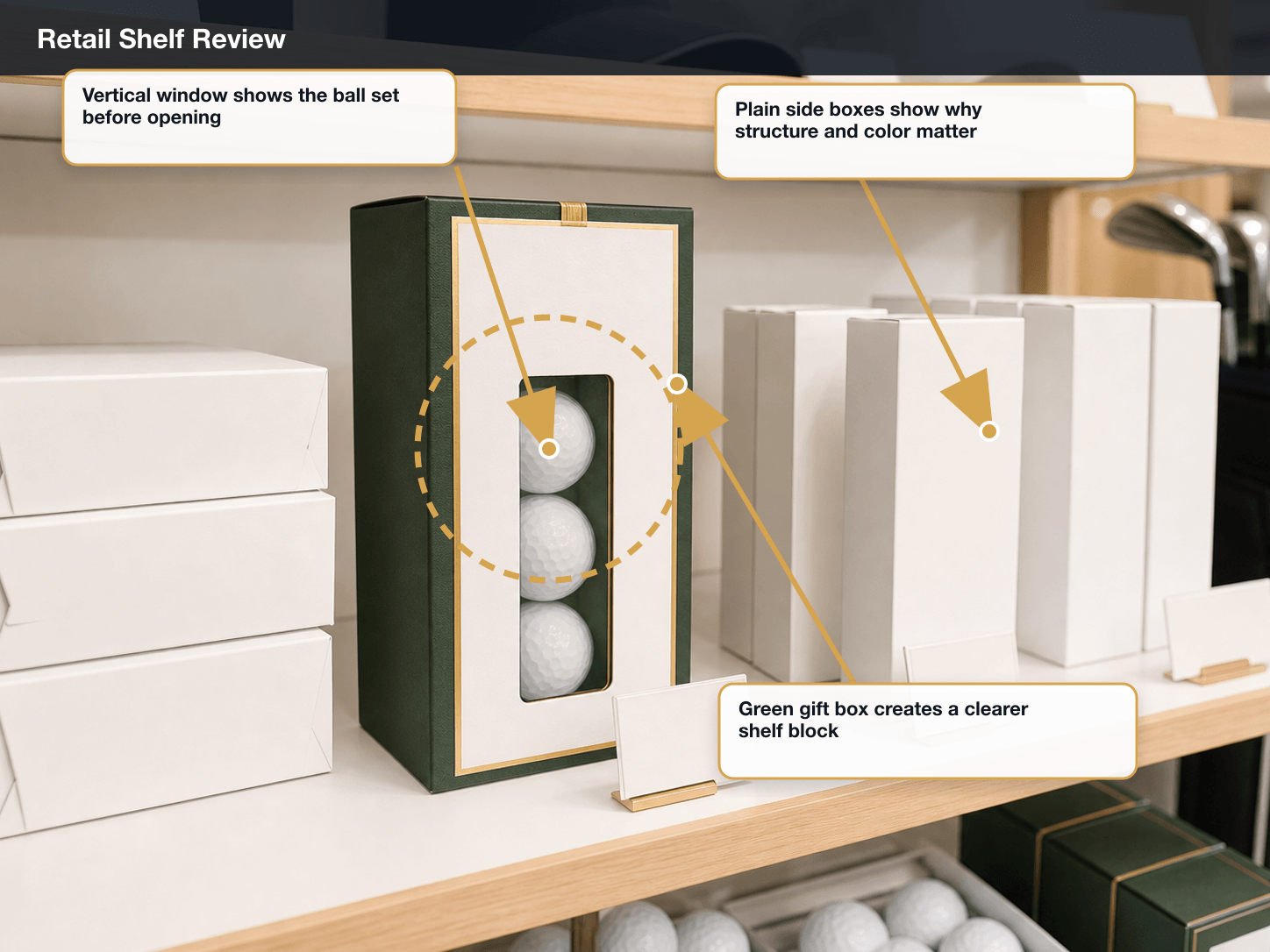 Golf Equipment Retail shelf review annotated A+ content image