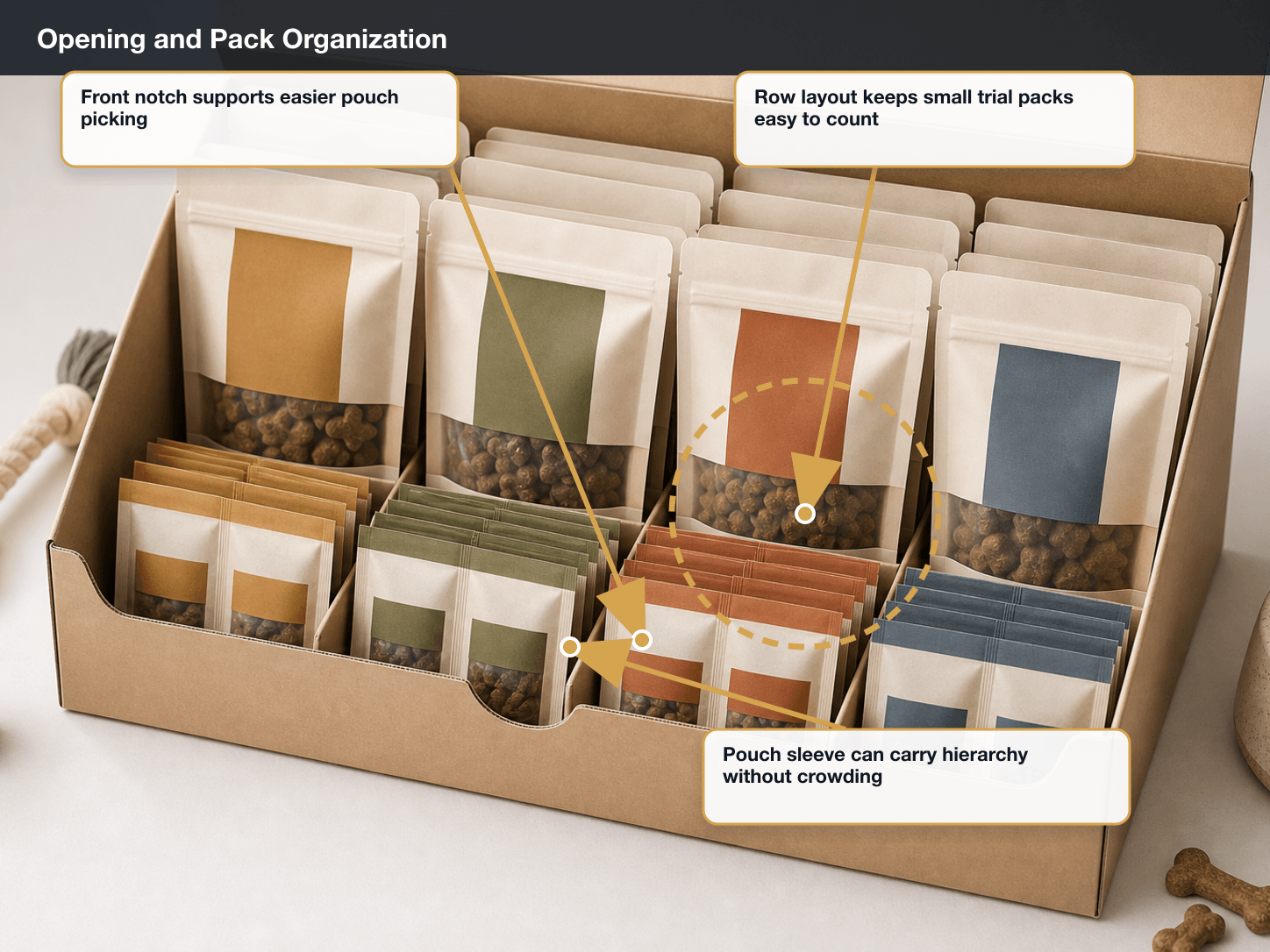 Pet Treats Opening and pack organization annotated A+ content image
