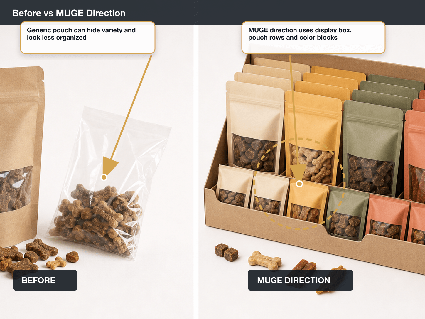 Pet Treats Before vs After structure annotated A+ content image
