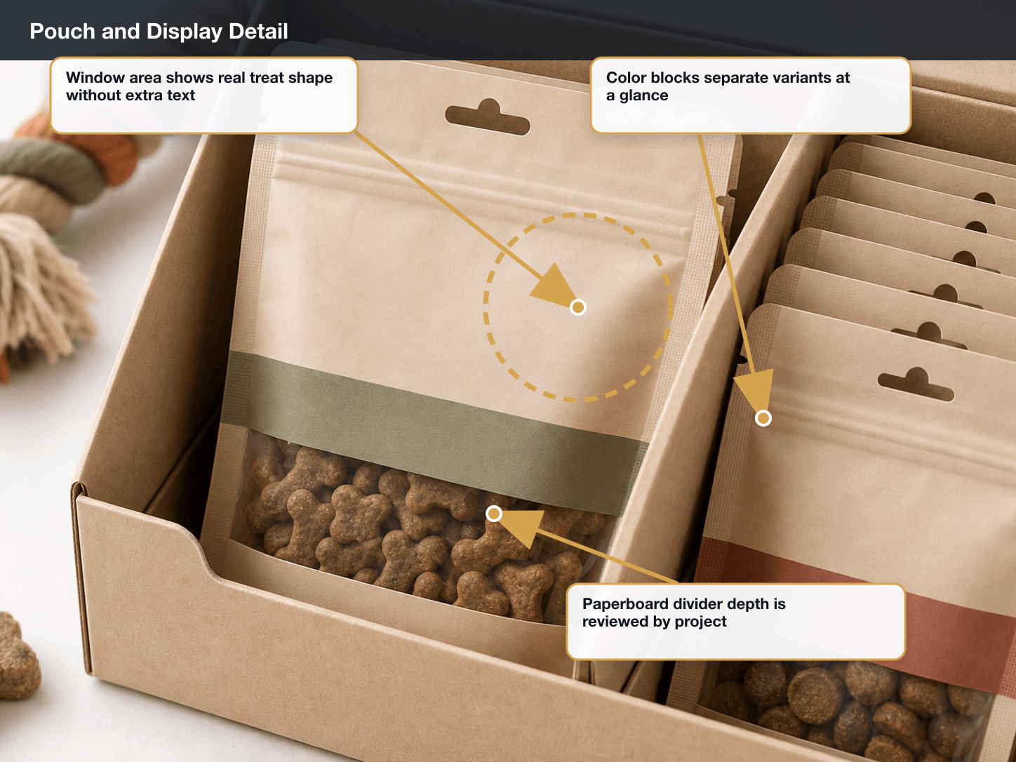 Pet Treats Pouch and display detail annotated A+ content image