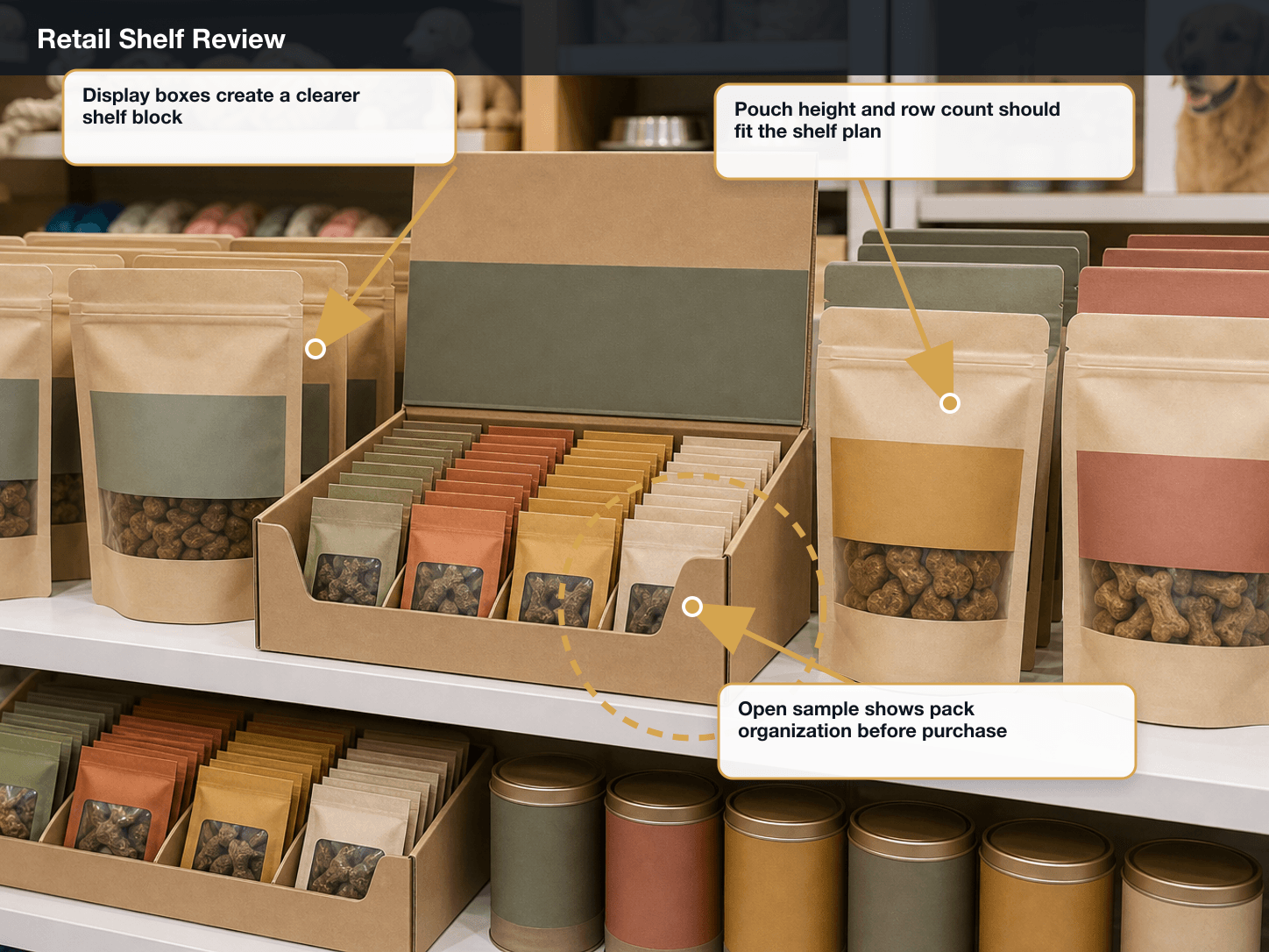Pet Treats Retail shelf review annotated A+ content image
