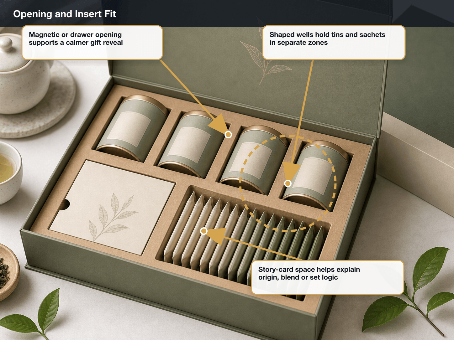 Premium Tea Opening and insert fit annotated A+ content image